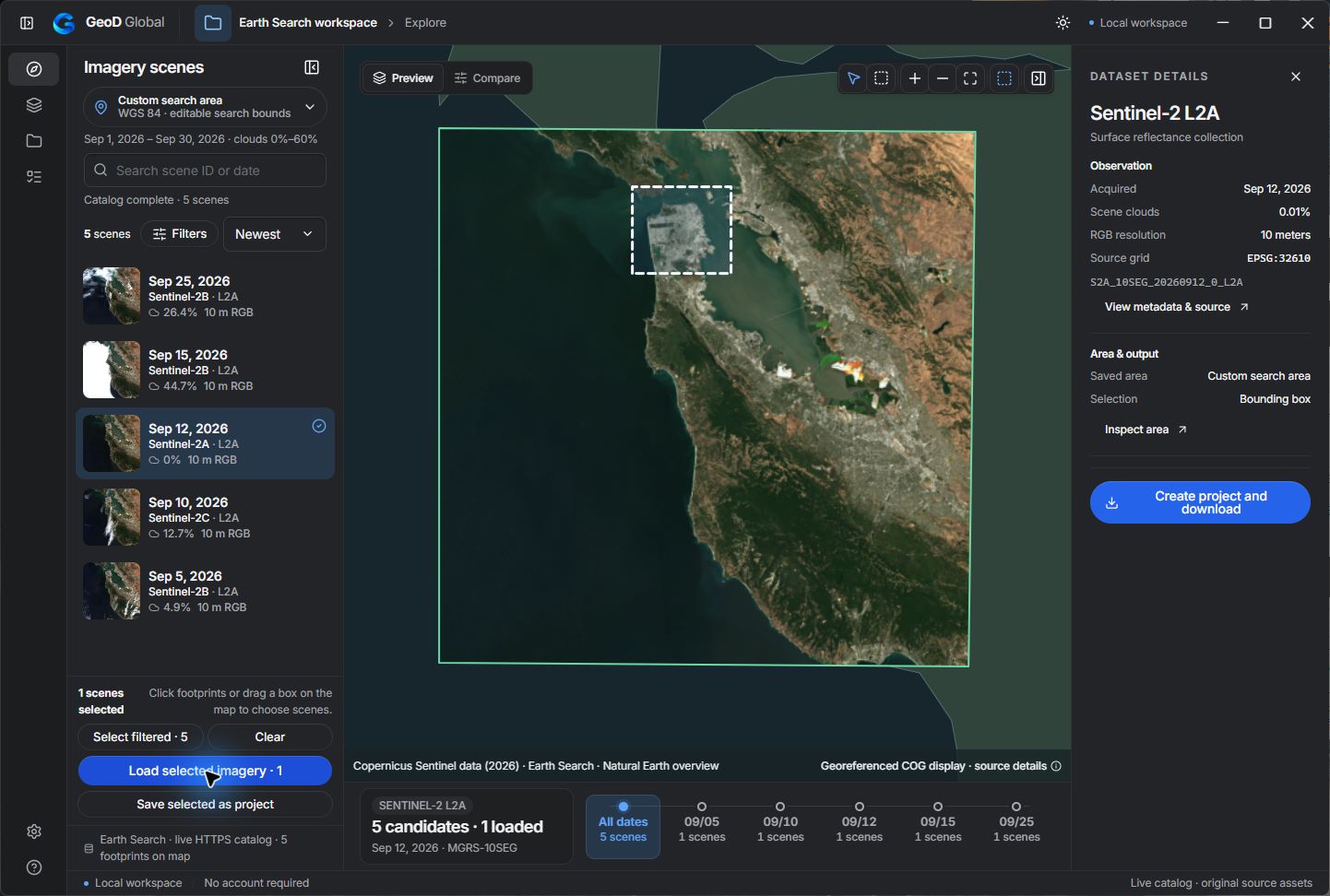 GeoD Global English Windows development build showing a georeferenced Sentinel-2 L2A preview from Earth Search, with scene metadata alongside the map.